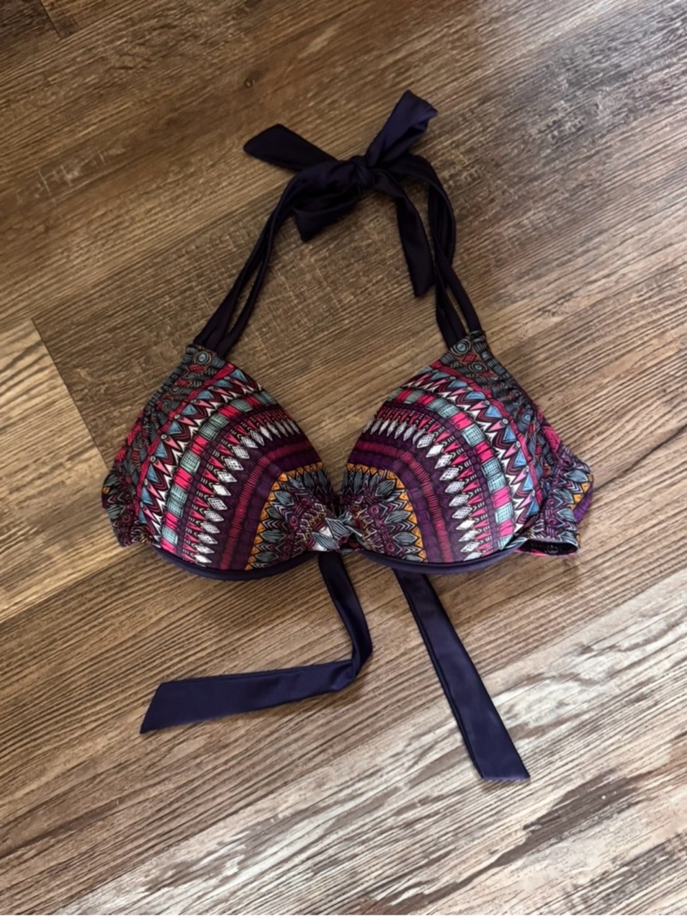 Patterned Halter Bikini Top in Burgundy and Teal